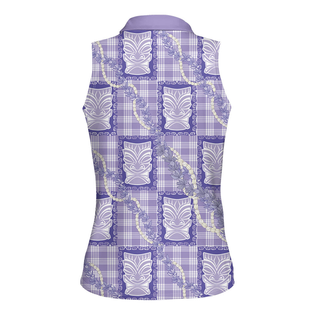 Aloha Hawaii Tiki Palaka Motifs Women Sleeveless Polo Shirt Honohono Lei Purple Elegant Vibes