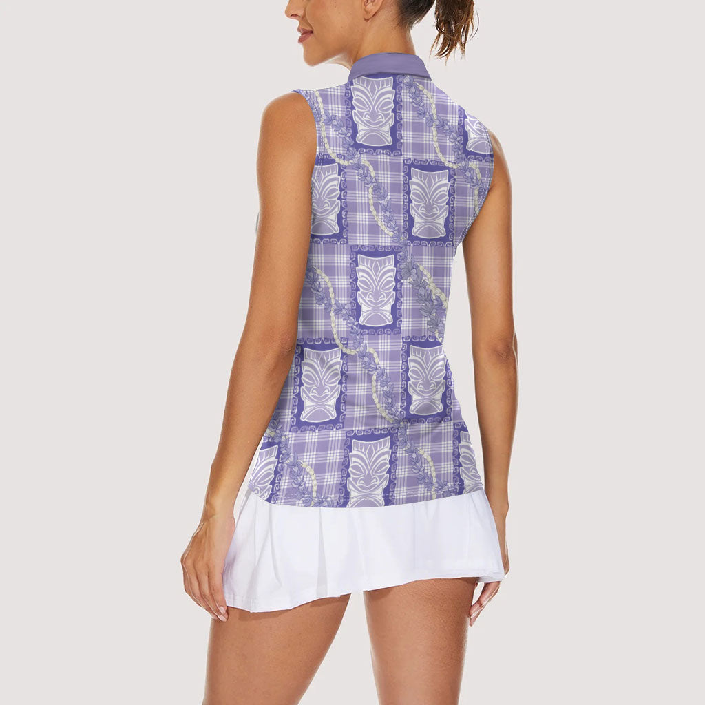 Aloha Hawaii Tiki Palaka Motifs Women Sleeveless Polo Shirt Honohono Lei Purple Elegant Vibes