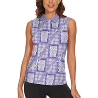 Aloha Hawaii Tiki Palaka Motifs Women Sleeveless Polo Shirt Honohono Lei Purple Elegant Vibes