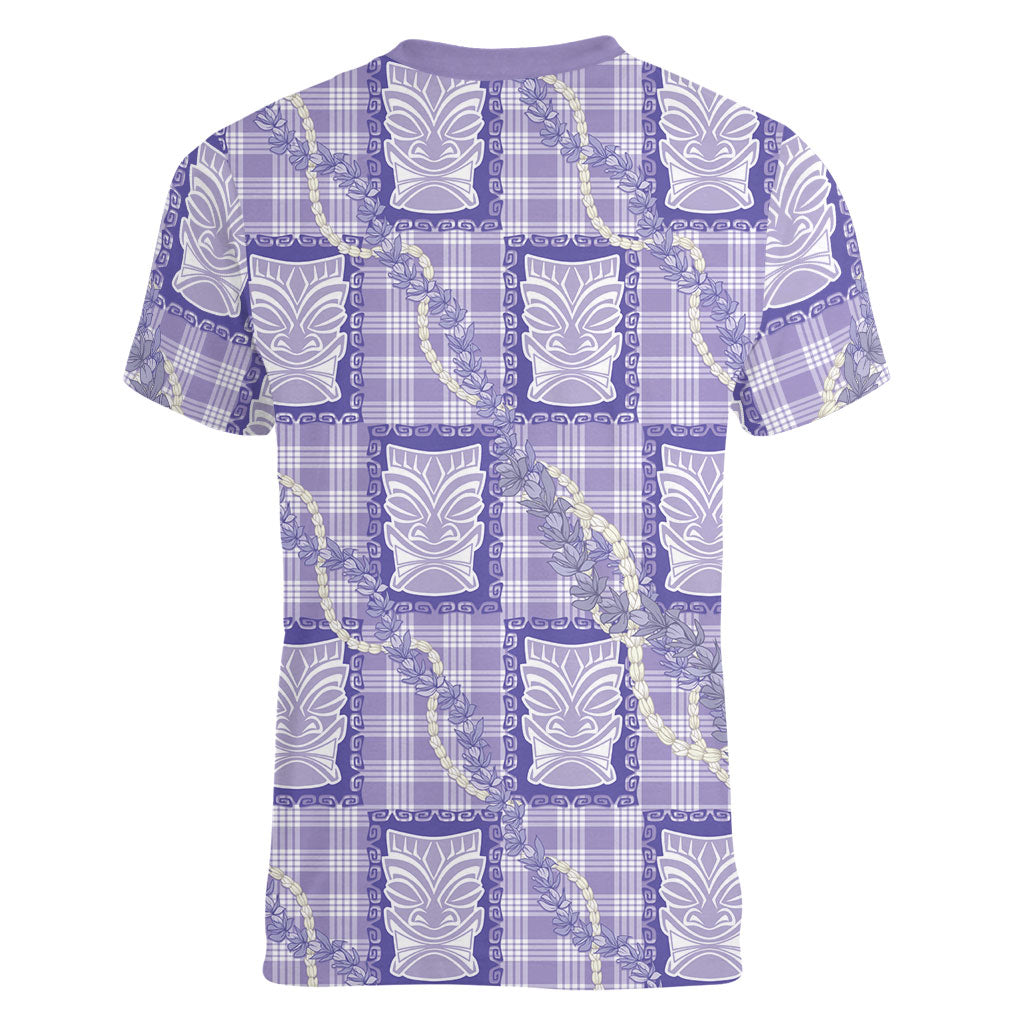Aloha Hawaii Tiki Palaka Motifs Women V-Neck T-Shirt Honohono Lei Purple Elegant Vibes
