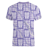 Aloha Hawaii Tiki Palaka Motifs Women V-Neck T-Shirt Honohono Lei Purple Elegant Vibes