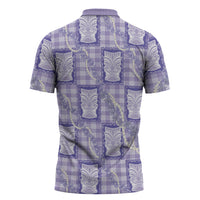 Aloha Hawaii Tiki Palaka Motifs Zipper Polo Shirt Honohono Lei Purple Elegant Vibes