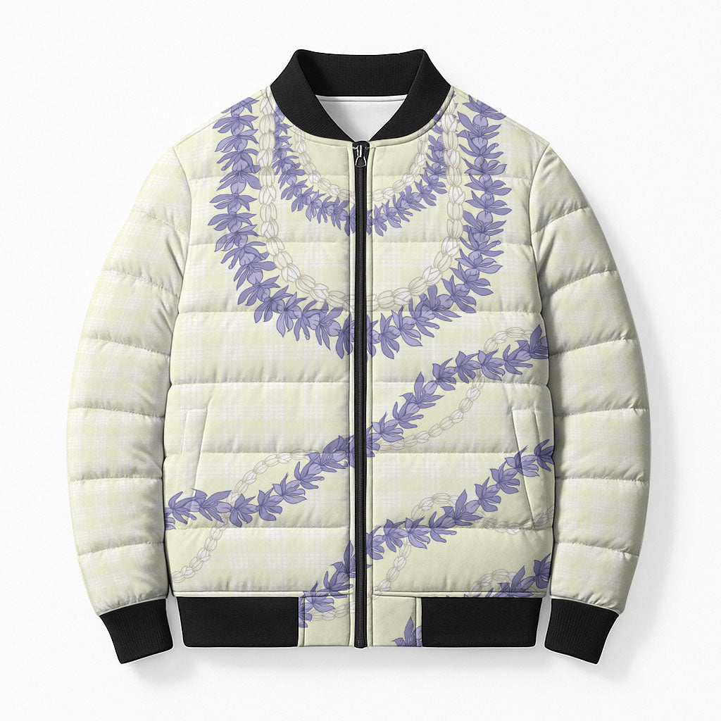 Hawaii Honohono Palaka Motifs Bomber Puffer Jacket Hawaiian Orchid Lei LT14 Unisex Cream - Polynesian Pride