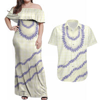 Hawaii Honohono Palaka Motifs Couples Matching Off Shoulder Maxi Dress and Hawaiian Shirt Hawaiian Orchid Lei