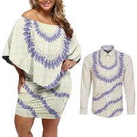 Hawaii Honohono Palaka Motifs Couples Matching Off Shoulder Short Dress and Long Sleeve Button Shirt Hawaiian Orchid Lei