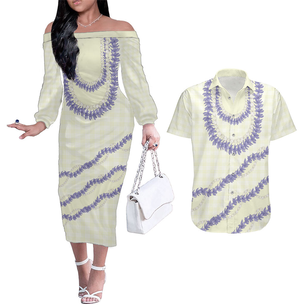 Hawaii Honohono Palaka Motifs Couples Matching Off The Shoulder Long Sleeve Dress and Hawaiian Shirt Hawaiian Orchid Lei LT14 Cream - Polynesian Pride