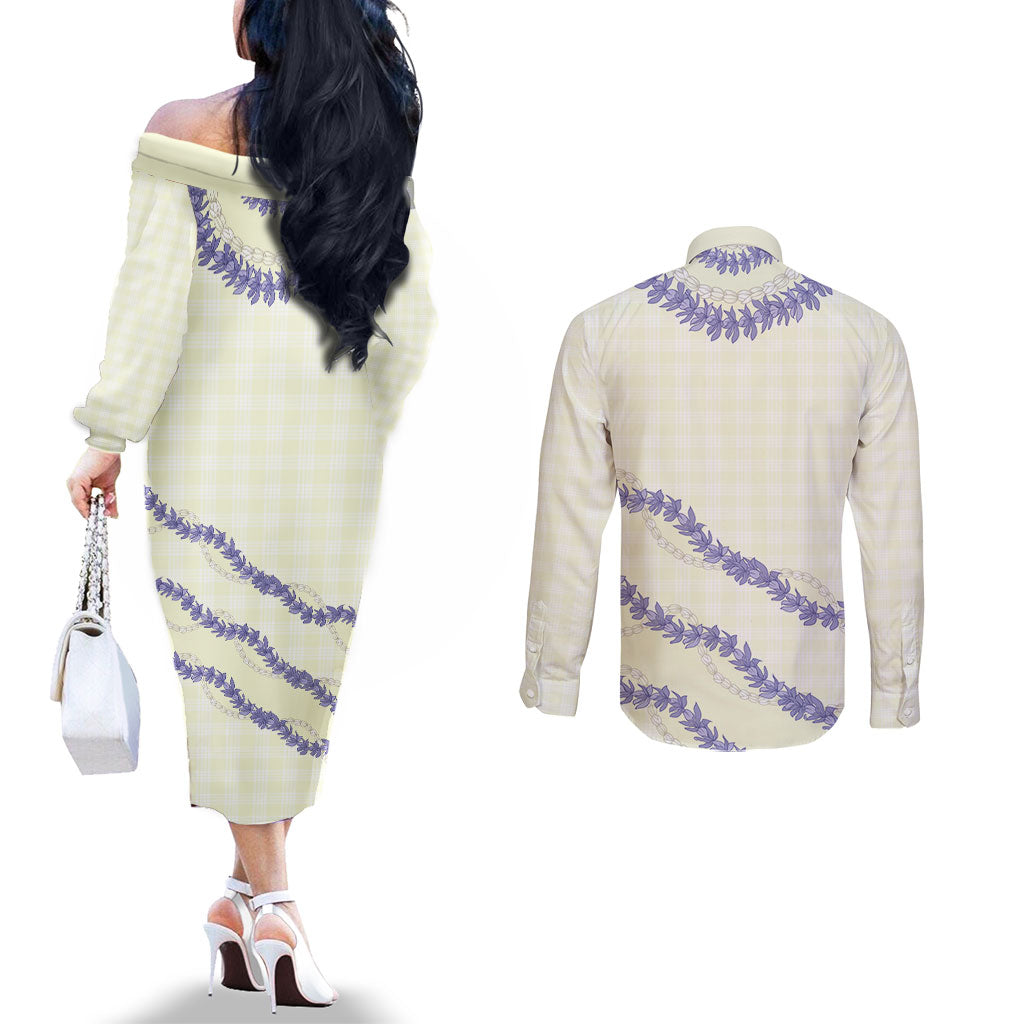 Hawaii Honohono Palaka Motifs Couples Matching Off The Shoulder Long Sleeve Dress and Long Sleeve Button Shirt Hawaiian Orchid Lei