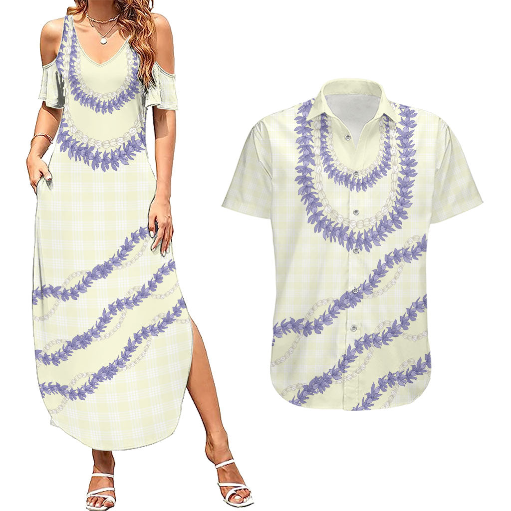 Hawaii Honohono Palaka Motifs Couples Matching Summer Maxi Dress and Hawaiian Shirt Hawaiian Orchid Lei