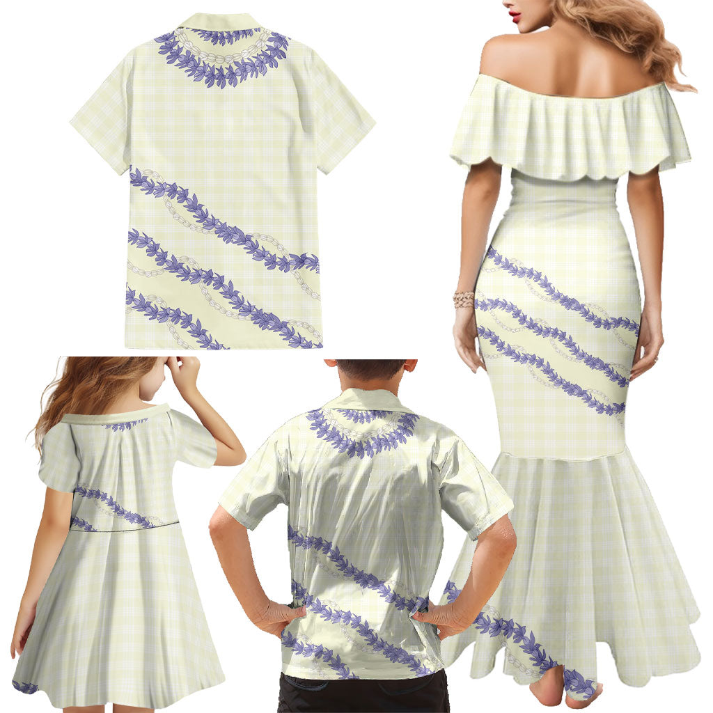 Hawaii Honohono Palaka Motifs Family Matching Mermaid Dress and Hawaiian Shirt Hawaiian Orchid Lei