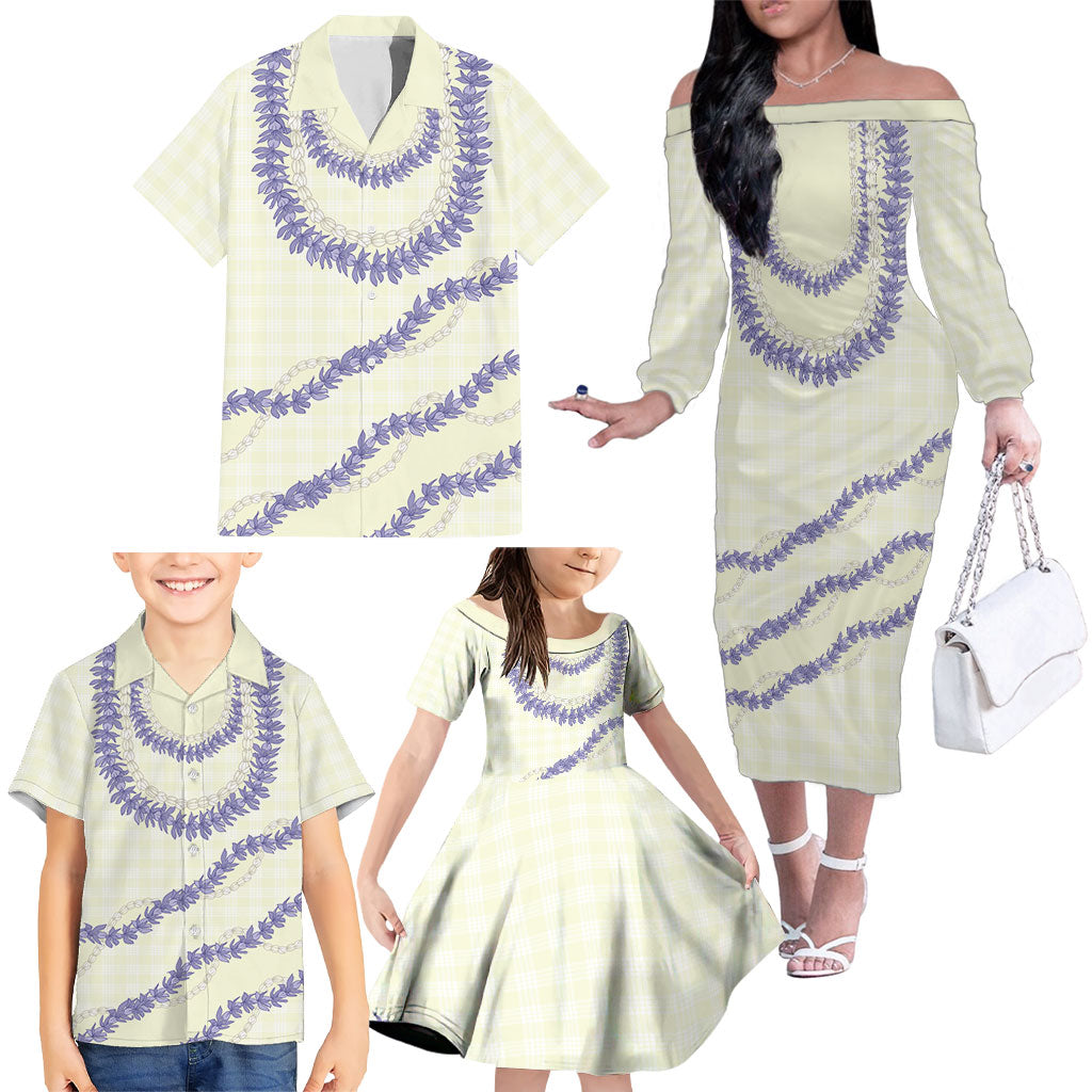 Hawaii Honohono Palaka Motifs Family Matching Off The Shoulder Long Sleeve Dress and Hawaiian Shirt Hawaiian Orchid Lei LT14 - Polynesian Pride