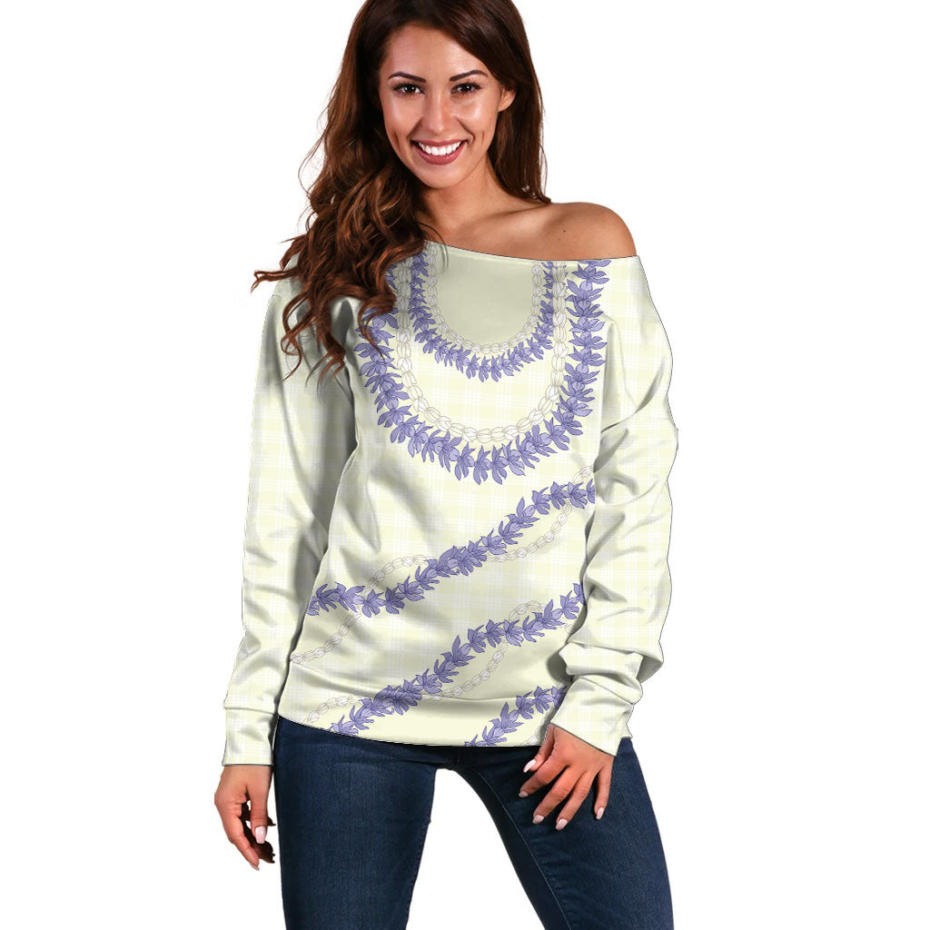 Hawaii Honohono Palaka Motifs Off Shoulder Sweater Hawaiian Orchid Lei LT14 Women Cream - Polynesian Pride