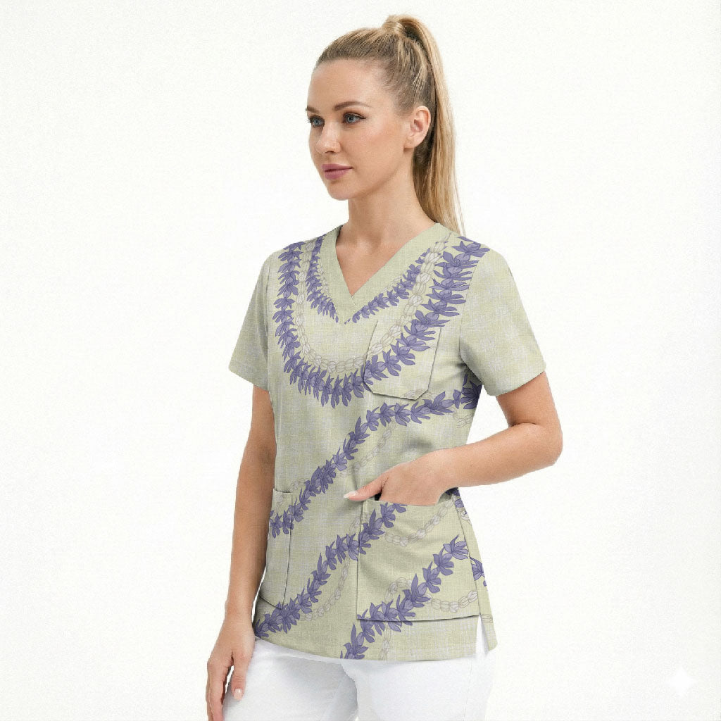 Hawaii Honohono Palaka Motifs Scrub Top Hawaiian Orchid Lei LT14 - Polynesian Pride