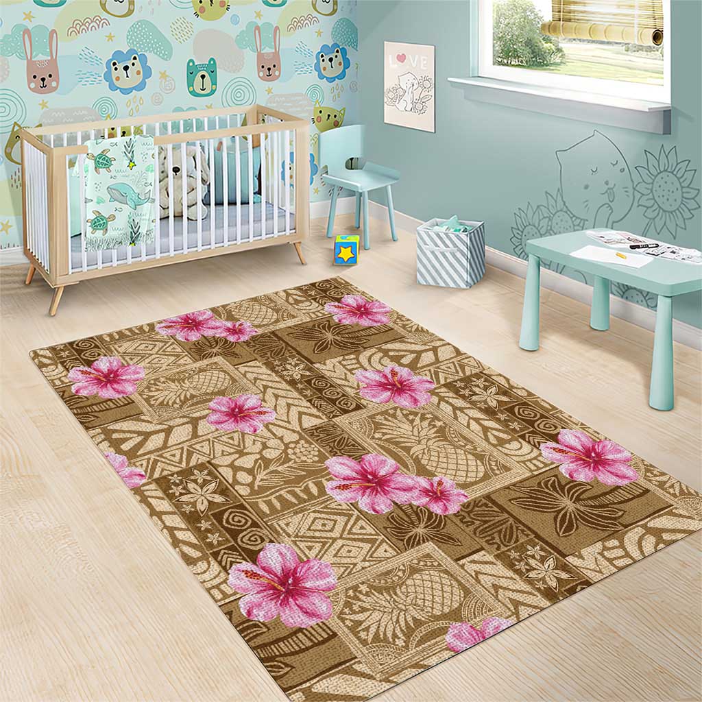 Beige Hawaii Hibiscus With Tropical Flowers Motifs Area Rug - Polynesian Pride