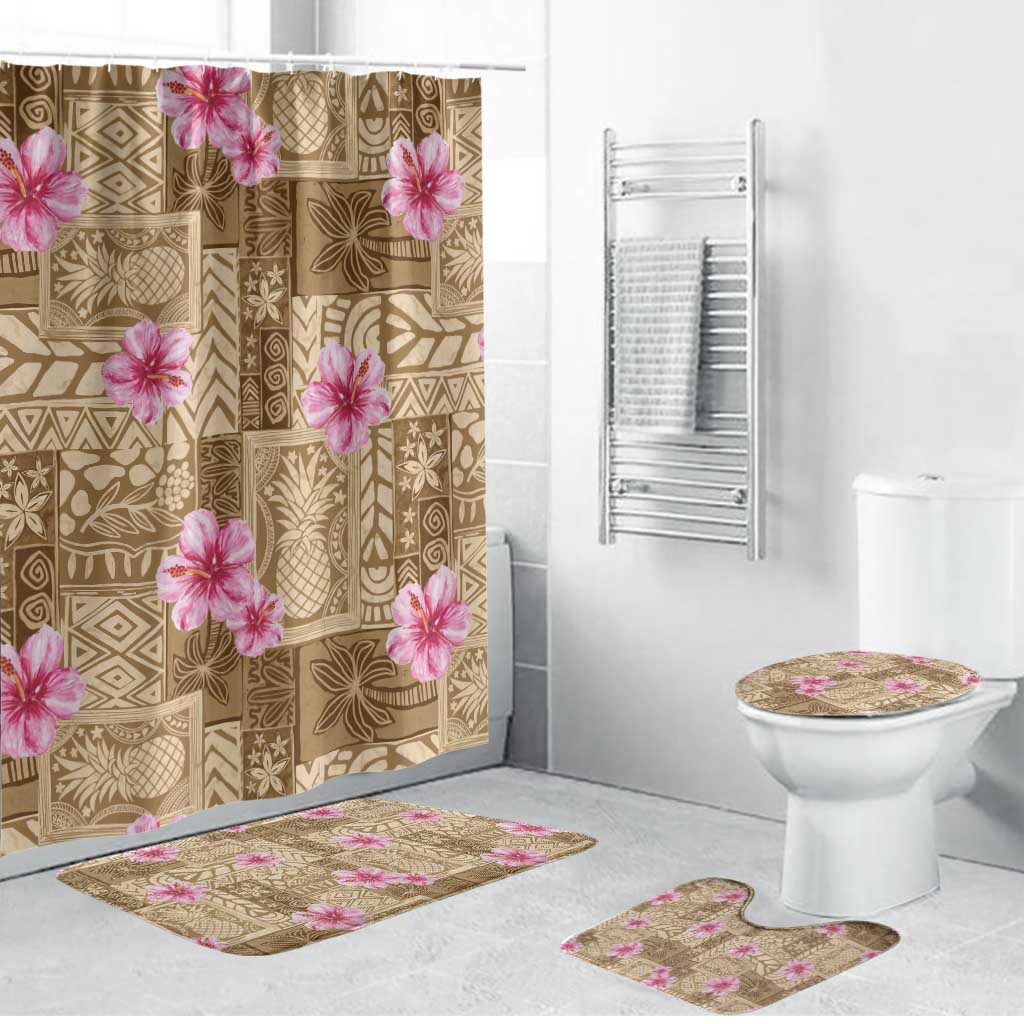 Beige Hawaii Hibiscus With Tropical Flowers Motifs Bathroom Set - Polynesian Pride