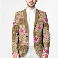 Beige Hawaii Hibiscus With Tropical Flowers Motifs Blazer - Polynesian Pride