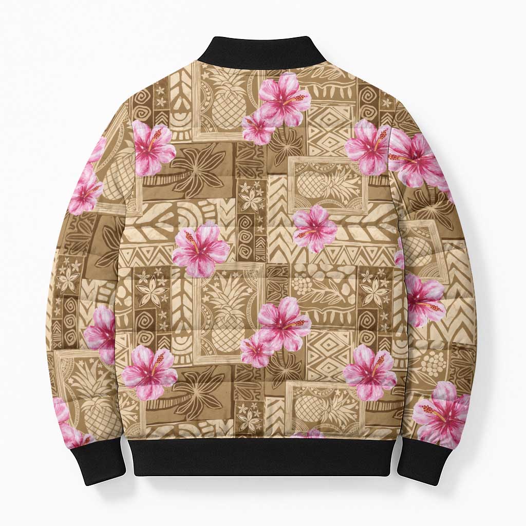 Beige Hawaii Hibiscus With Tropical Flowers Motifs Bomber Puffer Jacket - Polynesian Pride