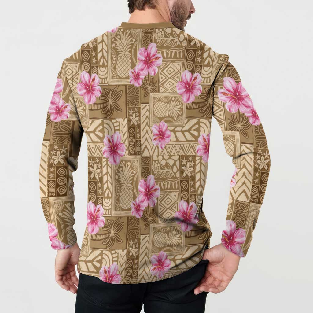 Beige Hawaii Hibiscus With Tropical Flowers Motifs Button Sweatshirt LT14 - Polynesian Pride