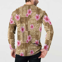Beige Hawaii Hibiscus With Tropical Flowers Motifs Button Sweatshirt LT14 - Polynesian Pride