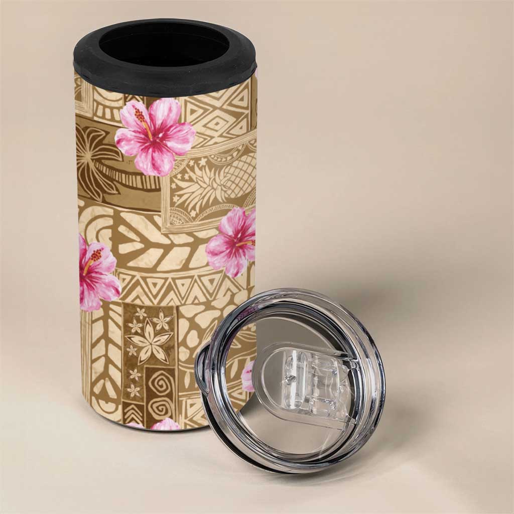 Beige Hawaii Hibiscus With Tropical Flowers Motifs 4 in 1 Can Cooler Tumbler - Polynesian Pride