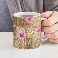 Beige Hawaii Hibiscus With Tropical Flowers Motifs Ceramic Mug - Polynesian Pride