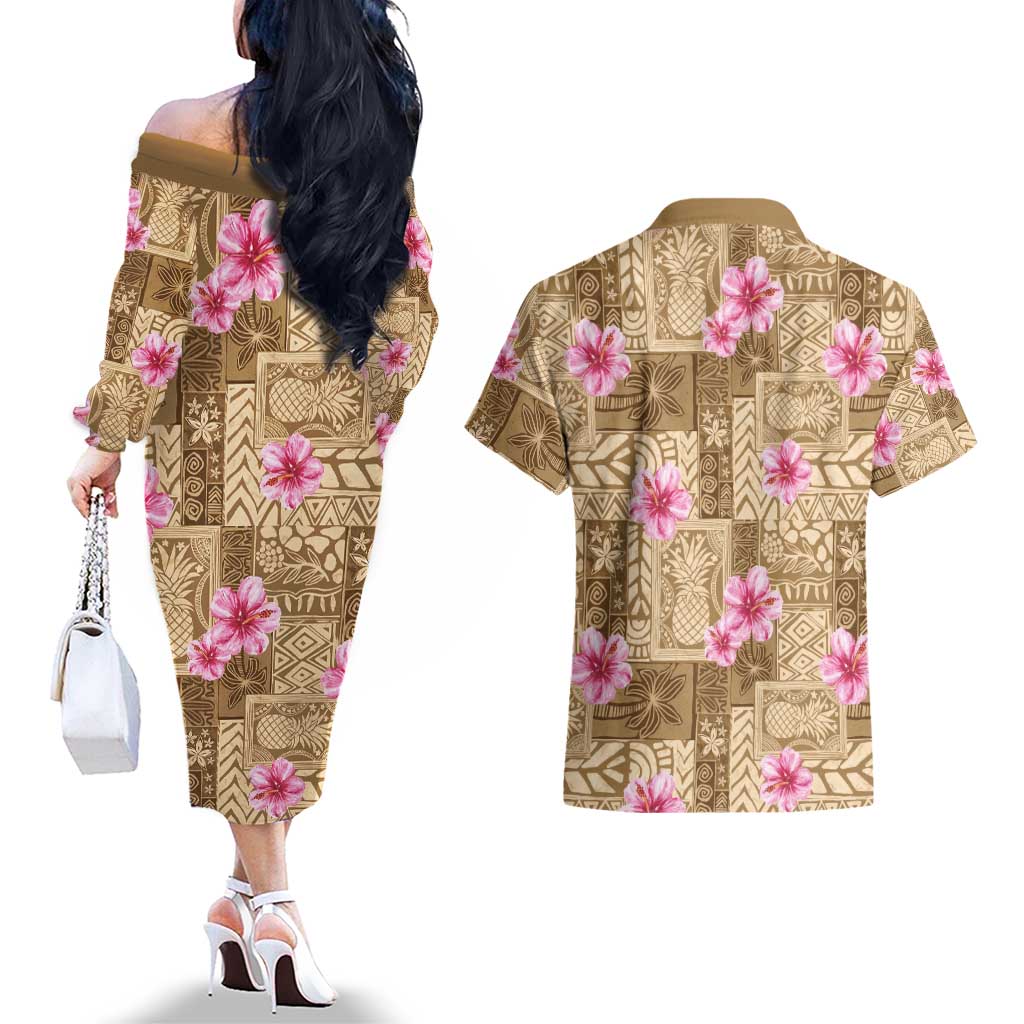 Beige Hawaii Hibiscus With Tropical Flowers Motifs Couples Matching Off The Shoulder Long Sleeve Dress and Hawaiian Shirt LT14 - Polynesian Pride