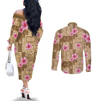 Beige Hawaii Hibiscus With Tropical Flowers Motifs Couples Matching Off The Shoulder Long Sleeve Dress and Long Sleeve Button Shirt LT14 - Polynesian Pride