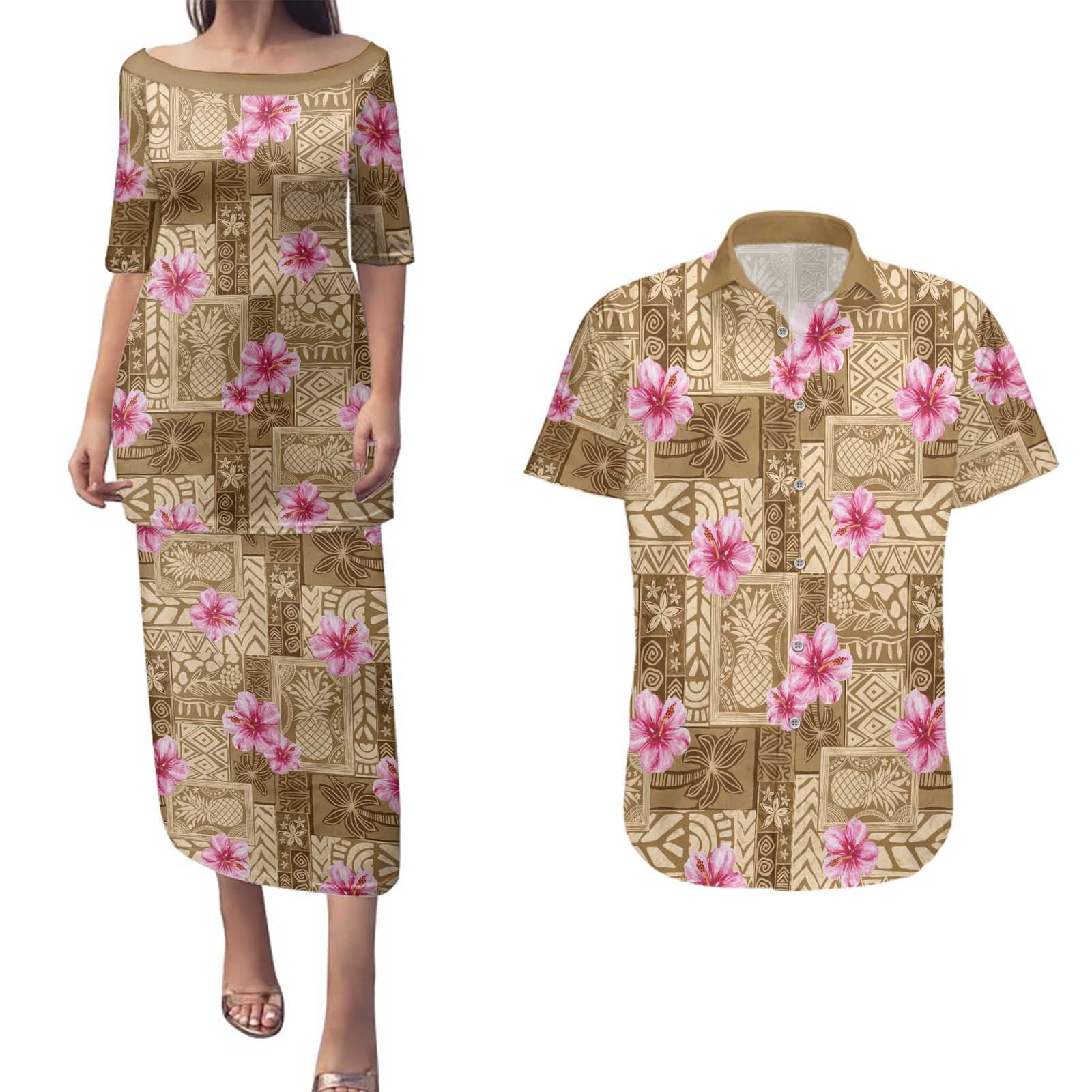 Beige Hawaii Hibiscus With Tropical Flowers Motifs Couples Matching Puletasi and Hawaiian Shirt LT14 Beige - Polynesian Pride