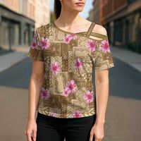 Beige Hawaii Hibiscus With Tropical Flowers Motifs Cross Shoulder Shirt - Polynesian Pride