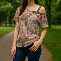 Beige Hawaii Hibiscus With Tropical Flowers Motifs Cross Shoulder Shirt - Polynesian Pride
