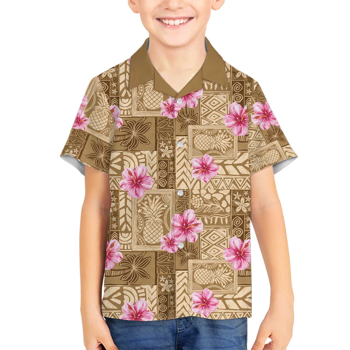 Beige Hawaii Hibiscus With Tropical Flowers Motifs Family Matching Off The Shoulder Long Sleeve Dress and Hawaiian Shirt LT14 Son's Shirt Beige - Polynesian Pride