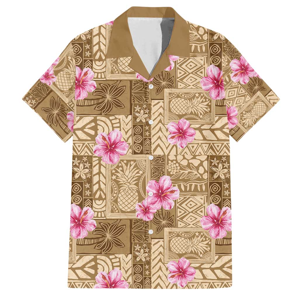 Beige Hawaii Hibiscus With Tropical Flowers Motifs Family Matching Puletasi and Hawaiian Shirt LT14 Dad's Shirt - Short Sleeve Beige - Polynesian Pride