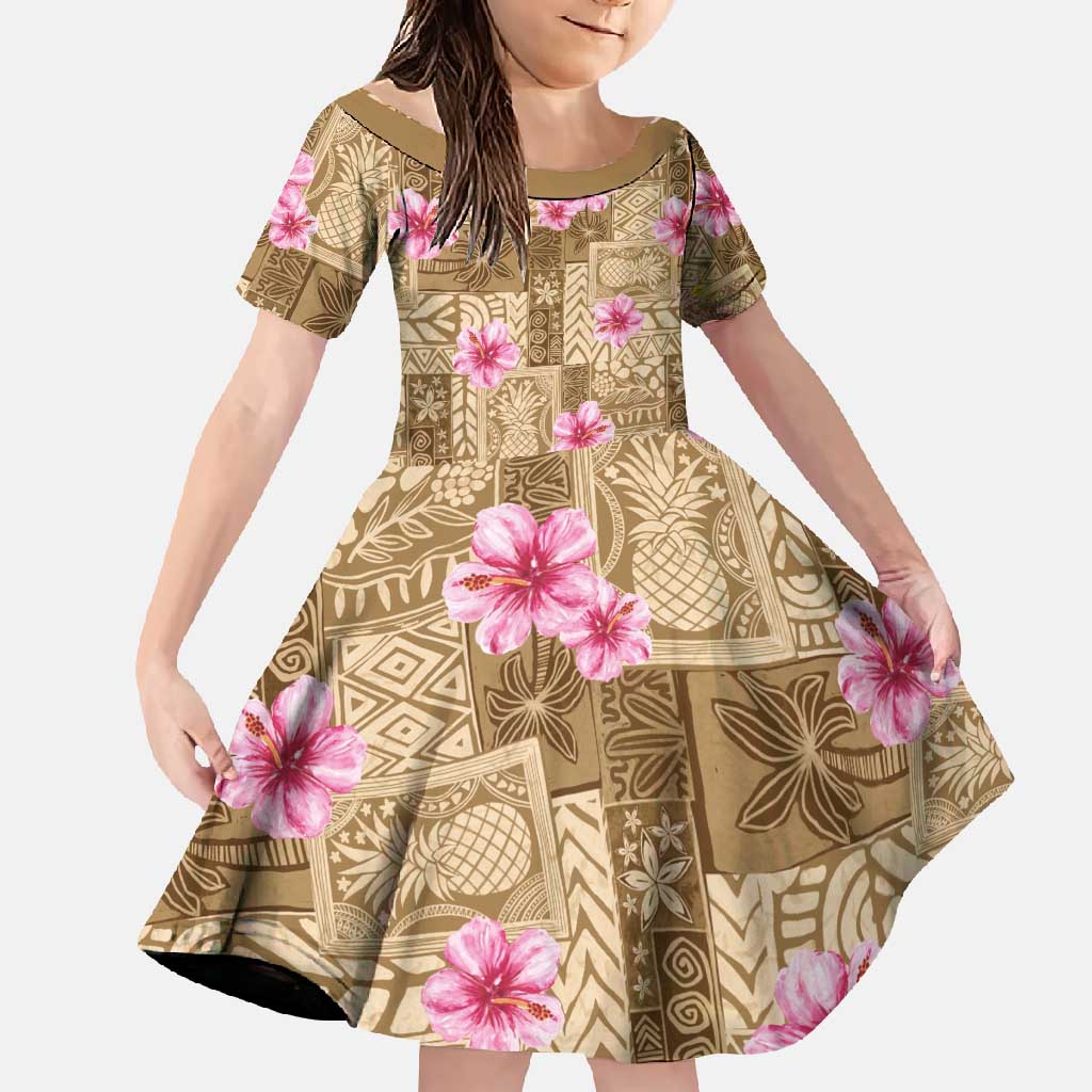 Beige Hawaii Hibiscus With Tropical Flowers Motifs Family Matching Summer Maxi Dress and Hawaiian Shirt - Polynesian Pride