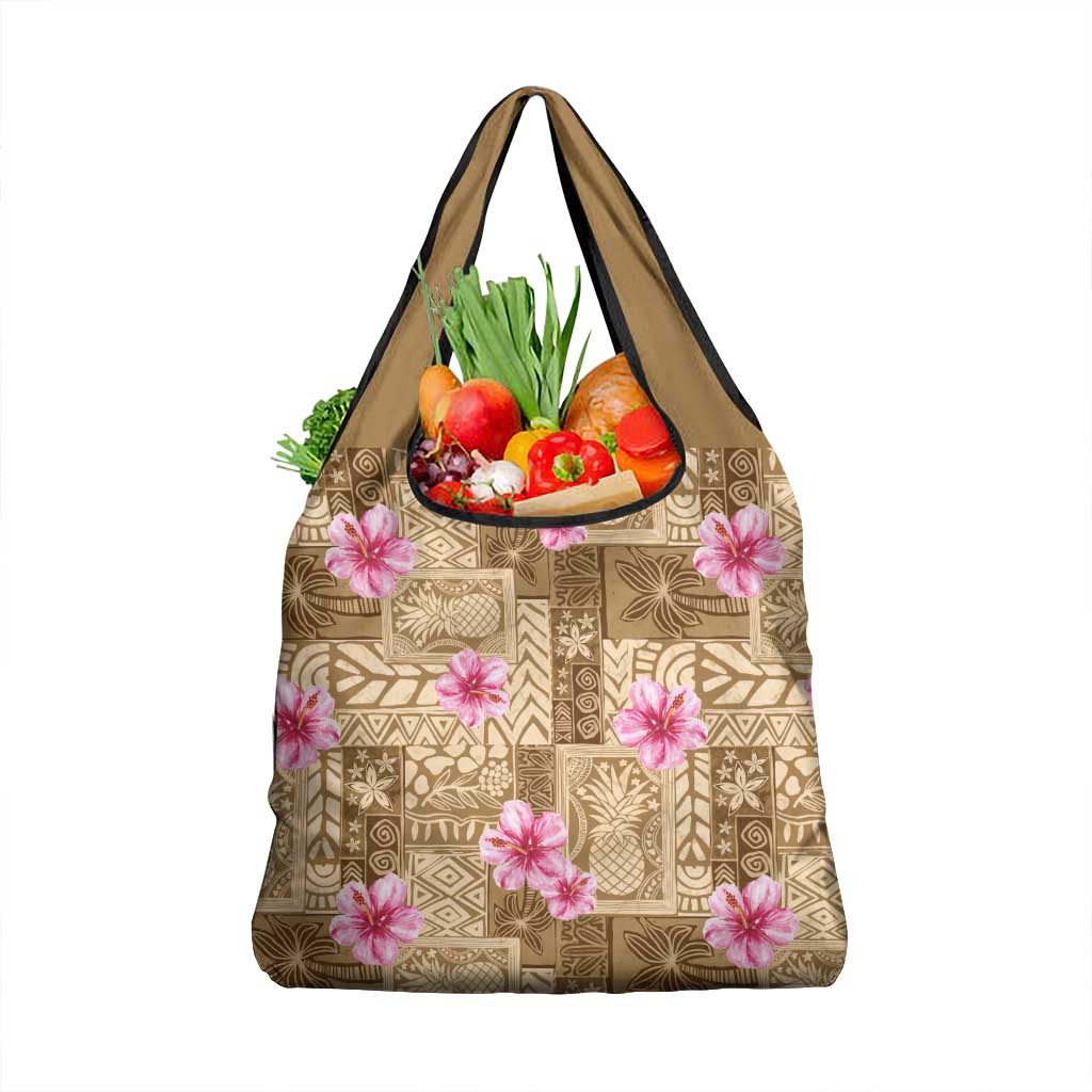 Beige Hawaii Hibiscus With Tropical Flowers Motifs Grocery Bag LT14 1-pack One Size Beige - Polynesian Pride