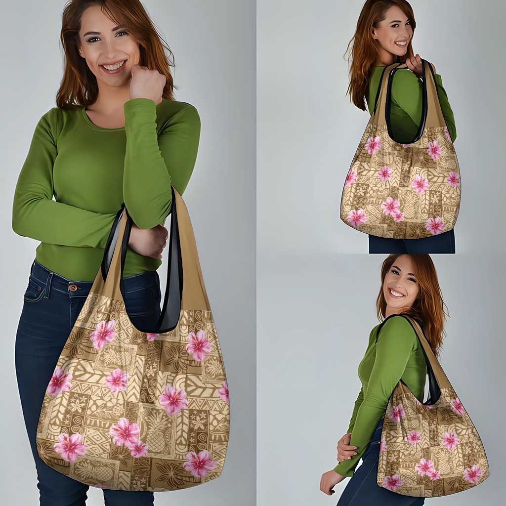 Beige Hawaii Hibiscus With Tropical Flowers Motifs Grocery Bag - Polynesian Pride