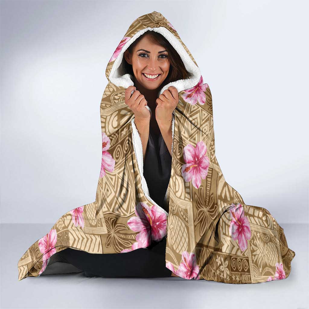 Beige Hawaii Hibiscus With Tropical Flowers Motifs Hooded Blanket - Polynesian Pride