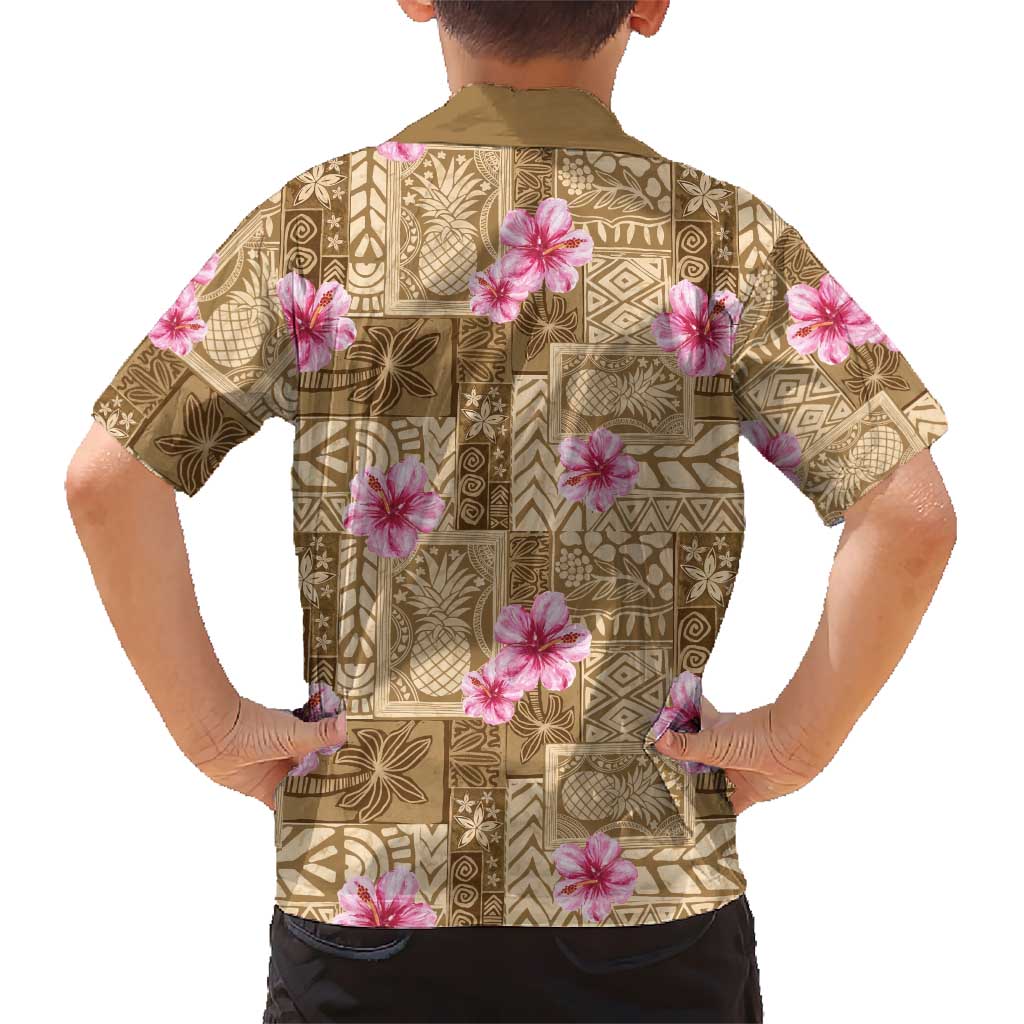 Beige Hawaii Hibiscus With Tropical Flowers Motifs Kid Hawaiian Shirt - Polynesian Pride