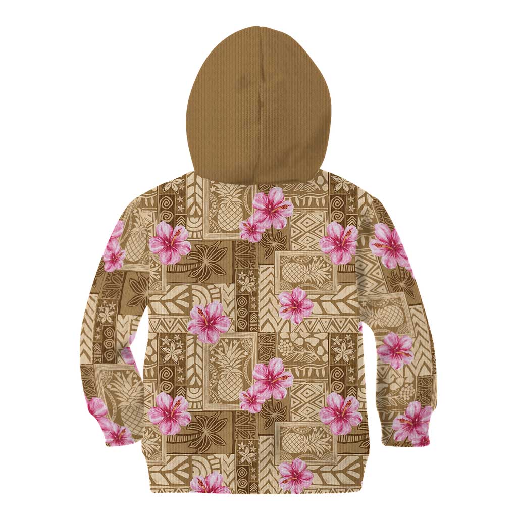 Beige Hawaii Hibiscus With Tropical Flowers Motifs Kid Hoodie - Polynesian Pride