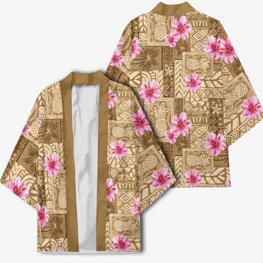 Beige Hawaii Hibiscus With Tropical Flowers Motifs Kimono - Polynesian Pride