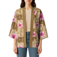 Beige Hawaii Hibiscus With Tropical Flowers Motifs Kimono - Polynesian Pride
