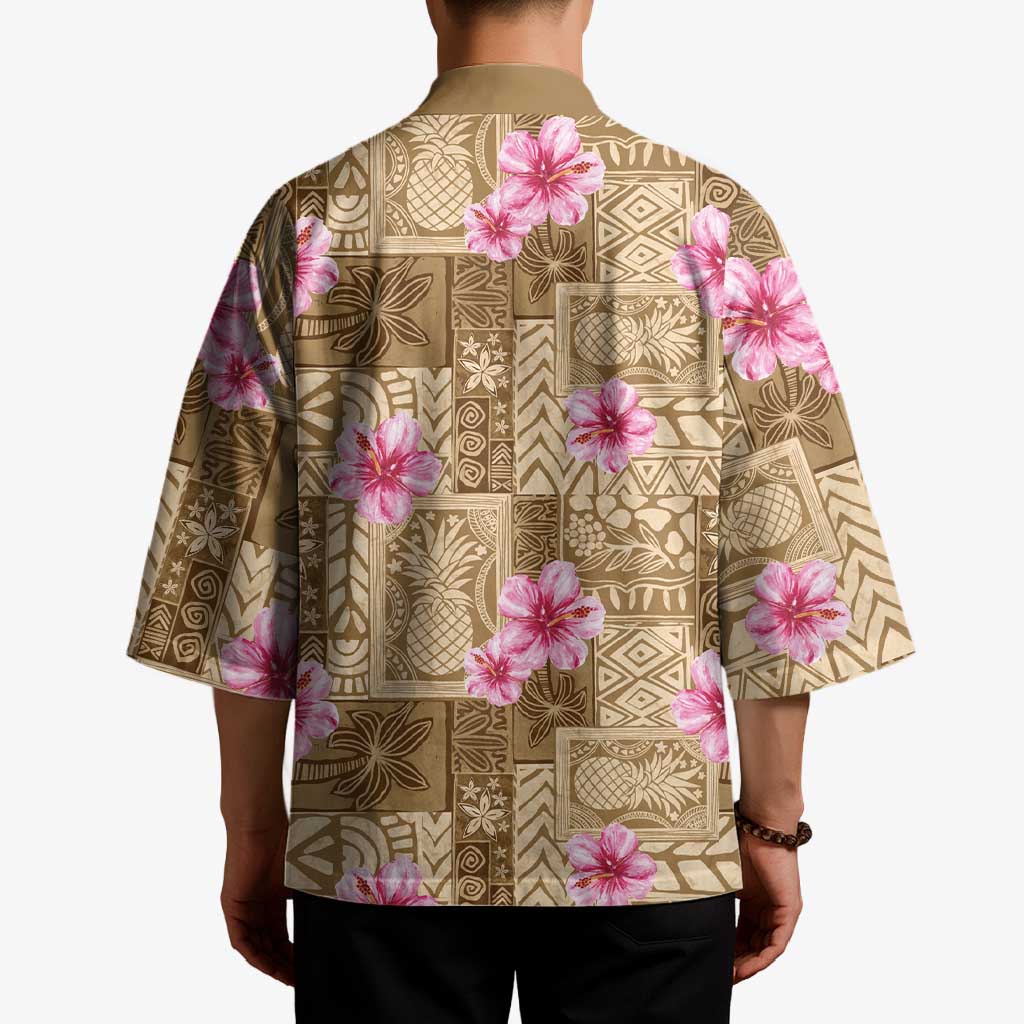 Beige Hawaii Hibiscus With Tropical Flowers Motifs Kimono - Polynesian Pride