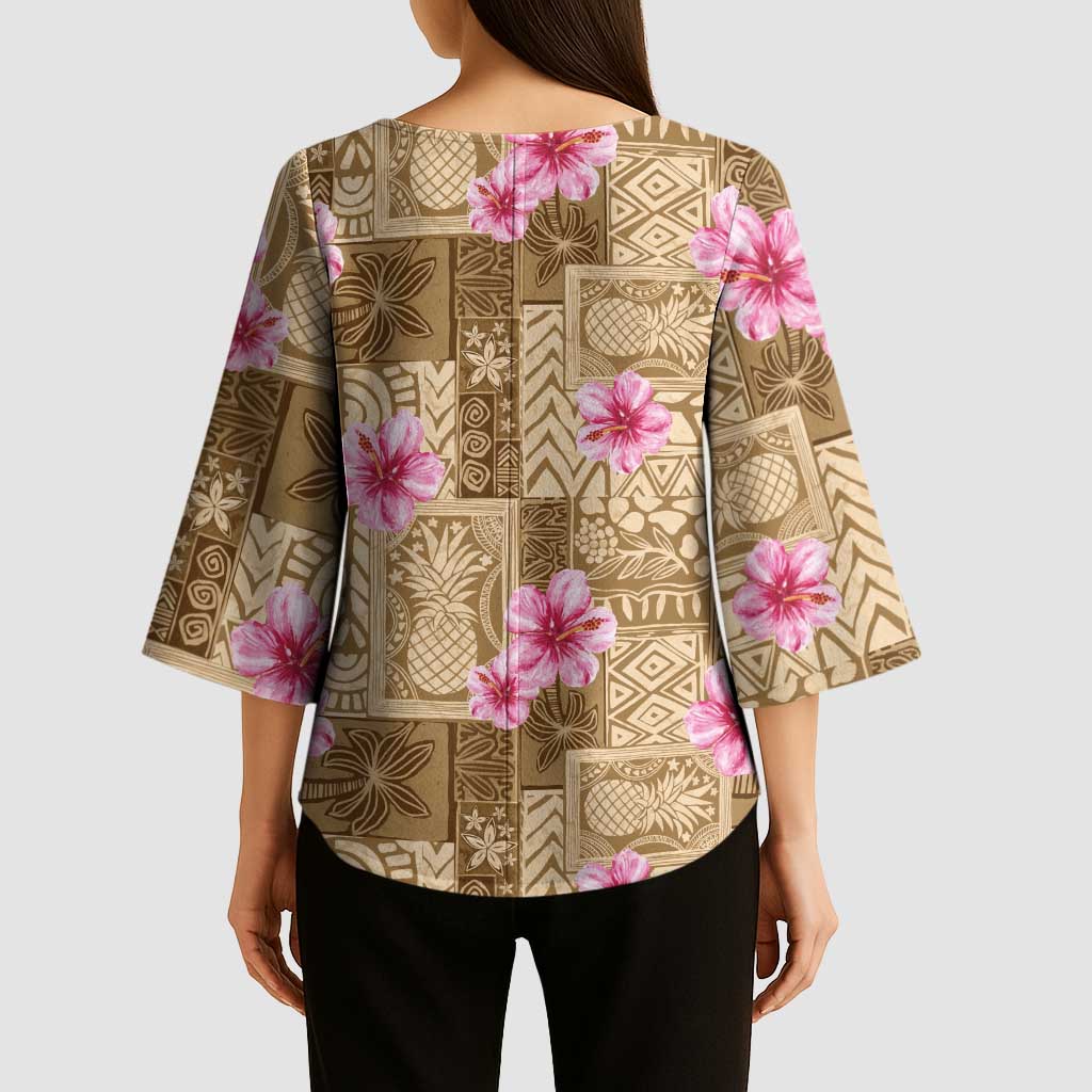 Beige Hawaii Hibiscus With Tropical Flowers Motifs Kimono Sleeve Blouse - Polynesian Pride