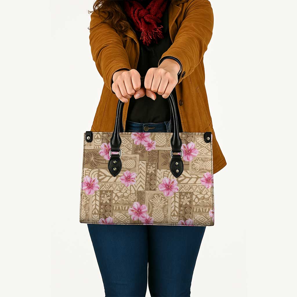 Beige Hawaii Hibiscus With Tropical Flowers Motifs Leather Bag - Polynesian Pride