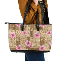 Beige Hawaii Hibiscus With Tropical Flowers Motifs Leather Tote Bag - Polynesian Pride