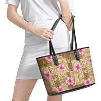 Beige Hawaii Hibiscus With Tropical Flowers Motifs Leather Tote Bag - Polynesian Pride