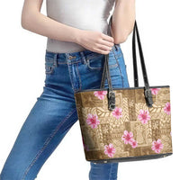 Beige Hawaii Hibiscus With Tropical Flowers Motifs Leather Tote Bag - Polynesian Pride