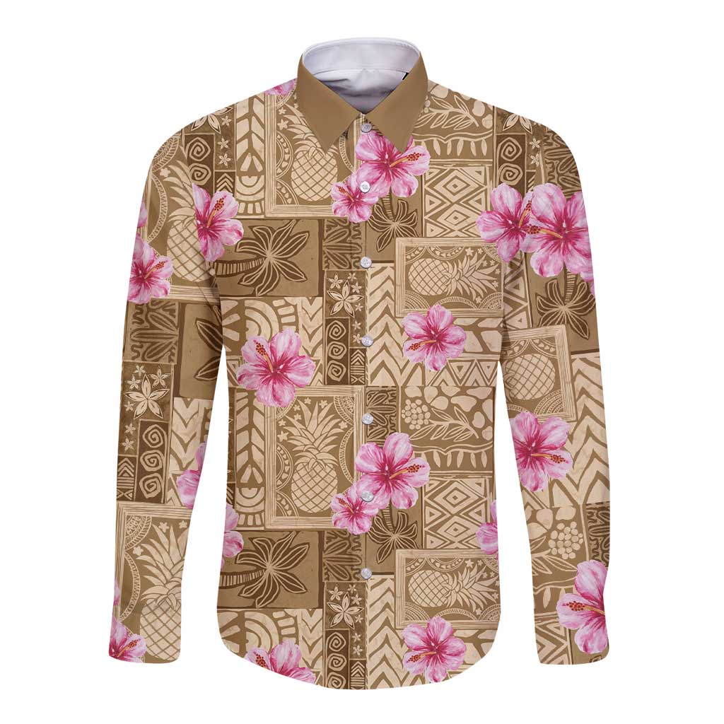 Beige Hawaii Hibiscus With Tropical Flowers Motifs Long Sleeve Button Shirt LT14 Unisex Beige - Polynesian Pride
