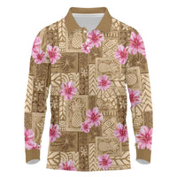 Beige Hawaii Hibiscus With Tropical Flowers Motifs Long Sleeve Polo Shirt - Polynesian Pride