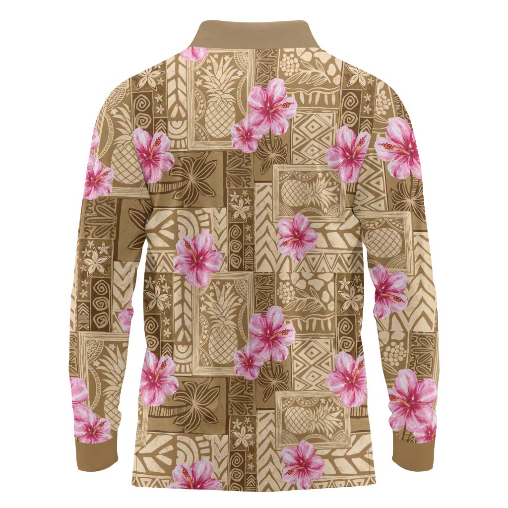 Beige Hawaii Hibiscus With Tropical Flowers Motifs Long Sleeve Polo Shirt - Polynesian Pride