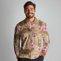 Beige Hawaii Hibiscus With Tropical Flowers Motifs Long Sleeve Polo Shirt - Polynesian Pride