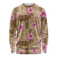 Beige Hawaii Hibiscus With Tropical Flowers Motifs Long Sleeve Shirt LT14 Unisex Beige - Polynesian Pride